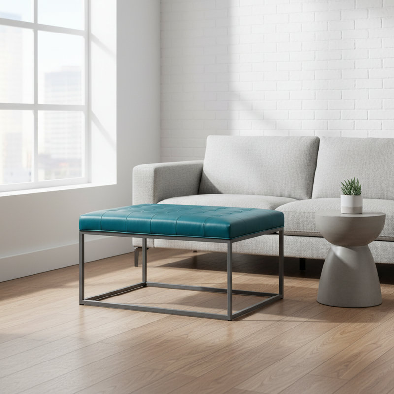 Table basse avec repose-pieds capitonné Modern, bleu et gris en similicuir | Idée de cadeau