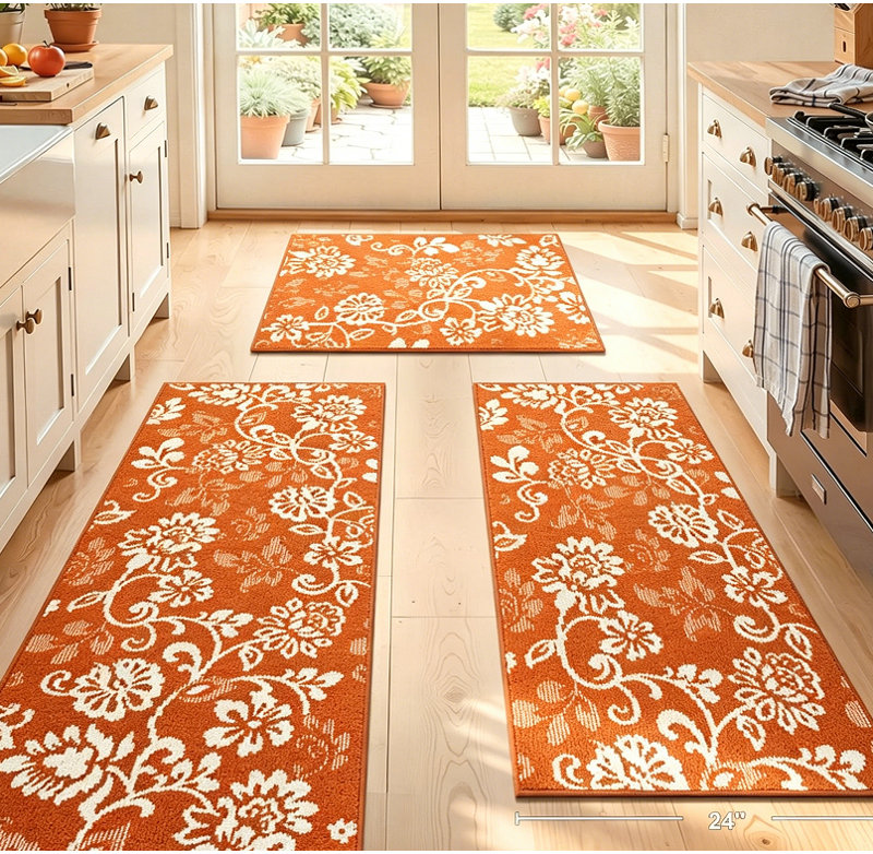 Non Slip Kitchen Mats (Set of 3), Orange