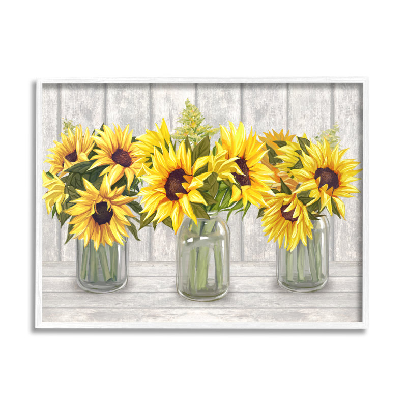 «Three Sunflower Bouquets Country Planks Still Life» par Ziwei Li - cadre flottant, impression sur toile