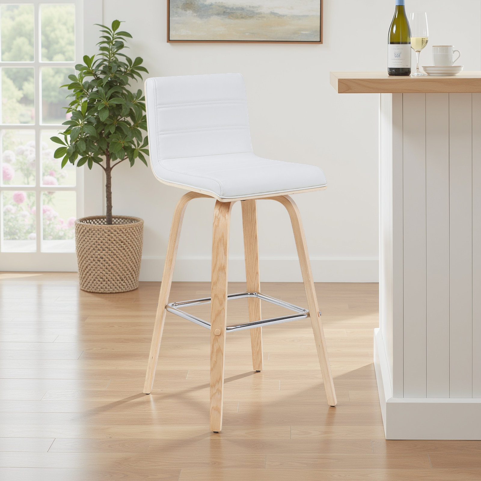 Biance Swivel Bar Stool, Bar Stool (30" Seat Height), White Faux Leather, Natural