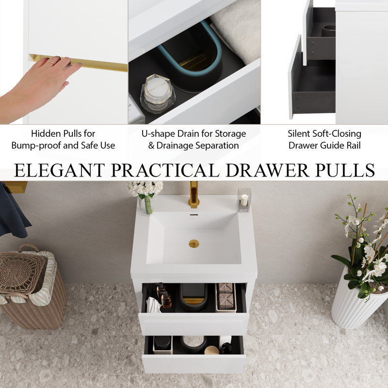 Ensemble de meuble-lavabo mural 24 po 1 pièce en bois blanc à fermeture en douceur, entièrement assemblé