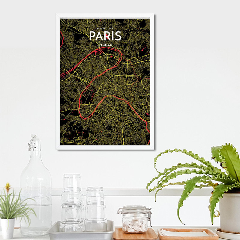 Carte de Paris, impression nautique, H 27,6 po x l 19,7 po x P 0,05 po, Noir / rouge / jaune