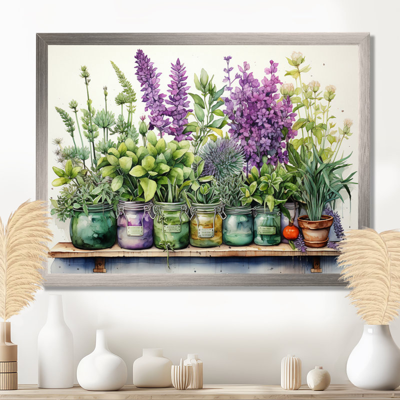 Décoration murale Herbes mauves, herbes vertes et herbes, H 12 po x l 20 po x P 1 po, Cadre flottant doré