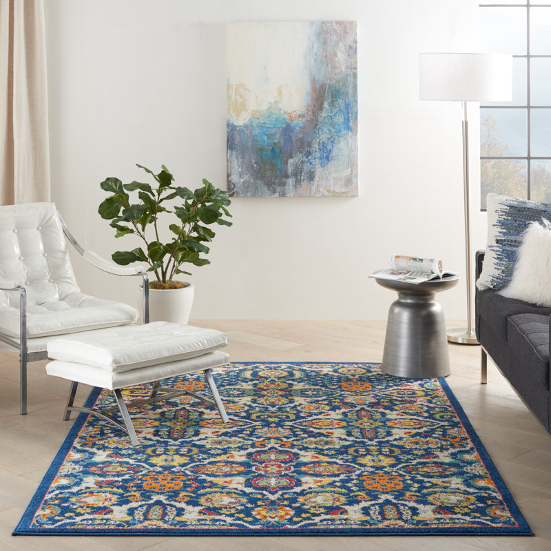 Tapis oriental bleu marine / jaune / blanc Whiteley, Rectangle 3 pi x 5 pi