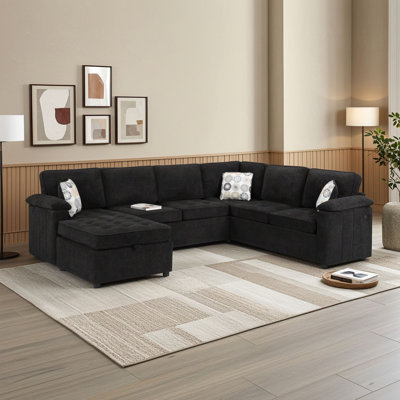 Canapé d'angle en chenille 5 places en forme de U avec méridienne de rangement, ports USB, coussins rembourrés et accoudoirs rembourrés