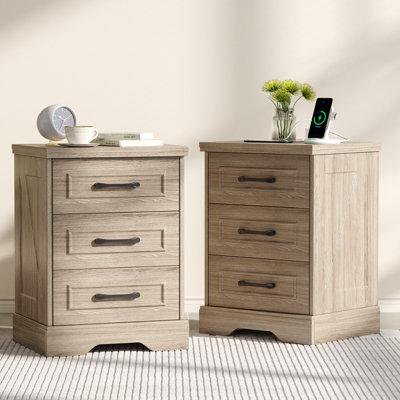 Brigman Farmhouse 3-Drawer Nightstand With Charging Station And Bar Handles