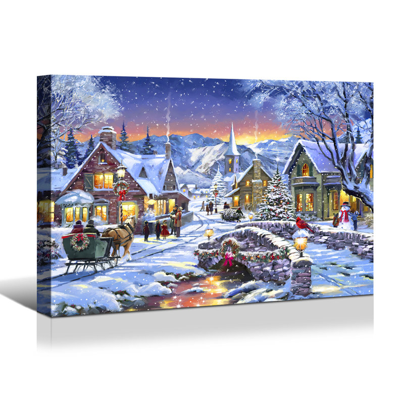 Reproduction d'art encadré sur toile, peinture de Noël, ville de neige, décoration pour cadeau de Noël, bureau, salle à manger, salon, salle de bain, décoration de chambre à coucher prête à être accrochée sur toile