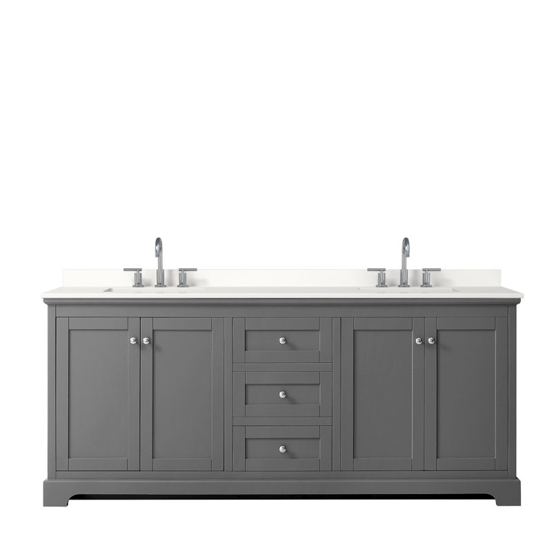Avery Free Standing Double Bathroom Vanity with Top, Dark Gray, White Quartz, Polished Chrome