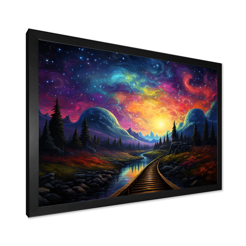 «Starry Night Train Traces To The Sky I» - art mural train, Cadre d'angle fermé noir, H 12 po x l 20 po x P 1 po