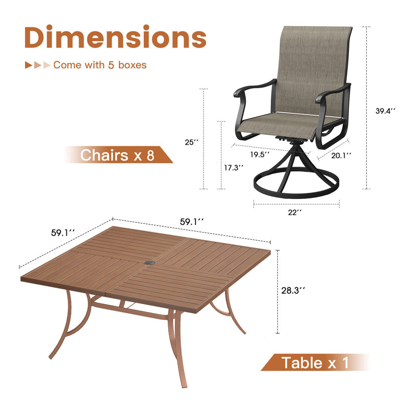 Ensemble repas pour 8 personnes avec table carrée 59 "et trou pour parasol + 8 chaises pivotantes, Brun bois brossé / taupe