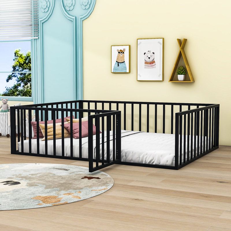  Denayah Metal Platform Bed with Fence and Door, Black, Queen