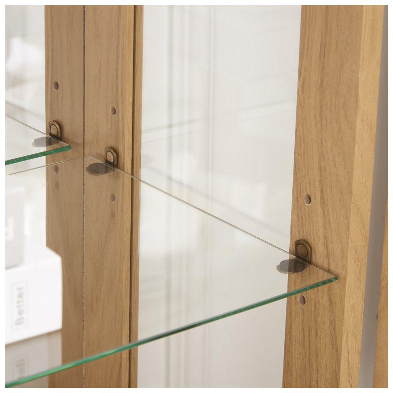 Vitrine lumineuse en chêne avec portes en verre trempé, panneau arrière en miroir et tablettes réglables - Vitrine pour bureau personnel