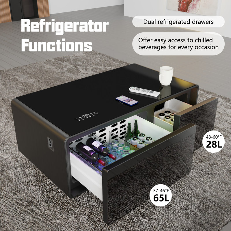 Smart Coffee Table with Refrigerated Drawers Wireless Charging and Built In Bluetooth Speakers, Black