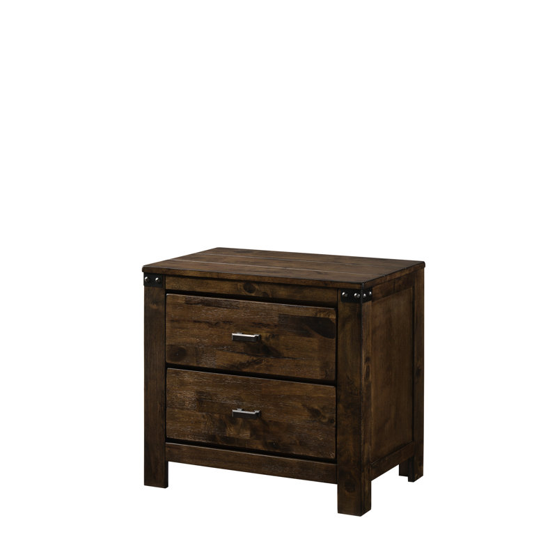 Table de chevet 2 tiroirs en bois massif brun rustique avec tiroirs robustes