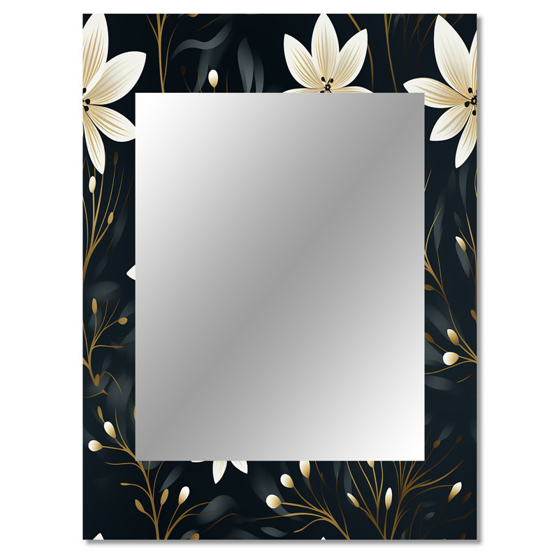 Motif floral élégant noir et ivoire Deontrey - miroir mural floral, miroir décoratif floral, impression d'art en métal