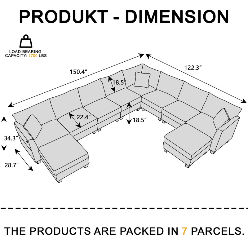 Amold 150.4''Large Sectional Couch,U-Shaped Sectional Sofa, 8-Seater Modular Cloud Couch Living Room Corner Sofa, With Storage Ottoman & USB