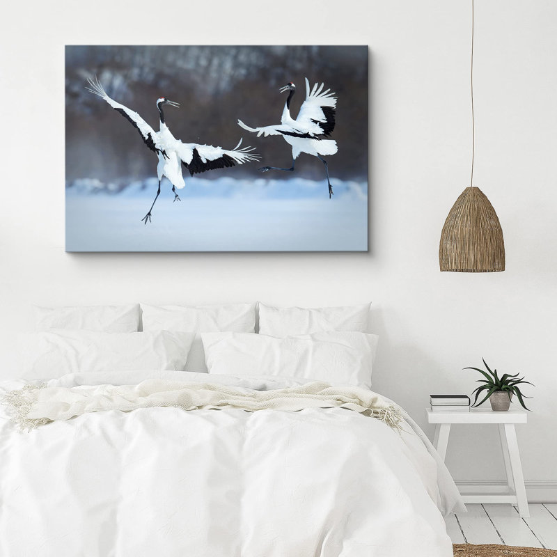 Héron Crane «Cranes Fly Au-dessus de la Neige», H 16 po x l 24 po