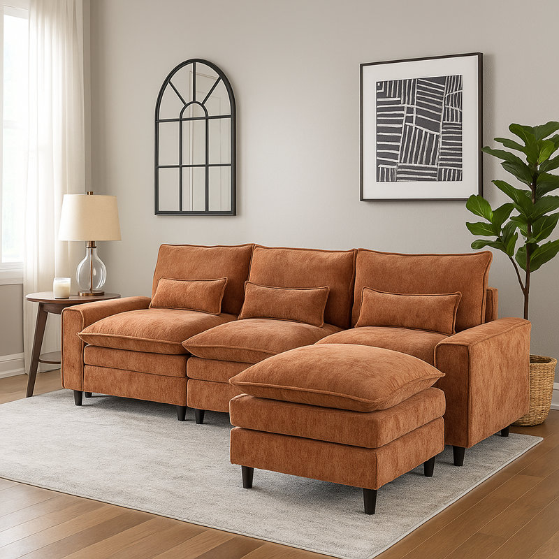 Canapé modulaire de 121 po avec canapé-lit modulaire en chenille avec repose-pieds et coussins pour salon, chambre à coucher et appartement