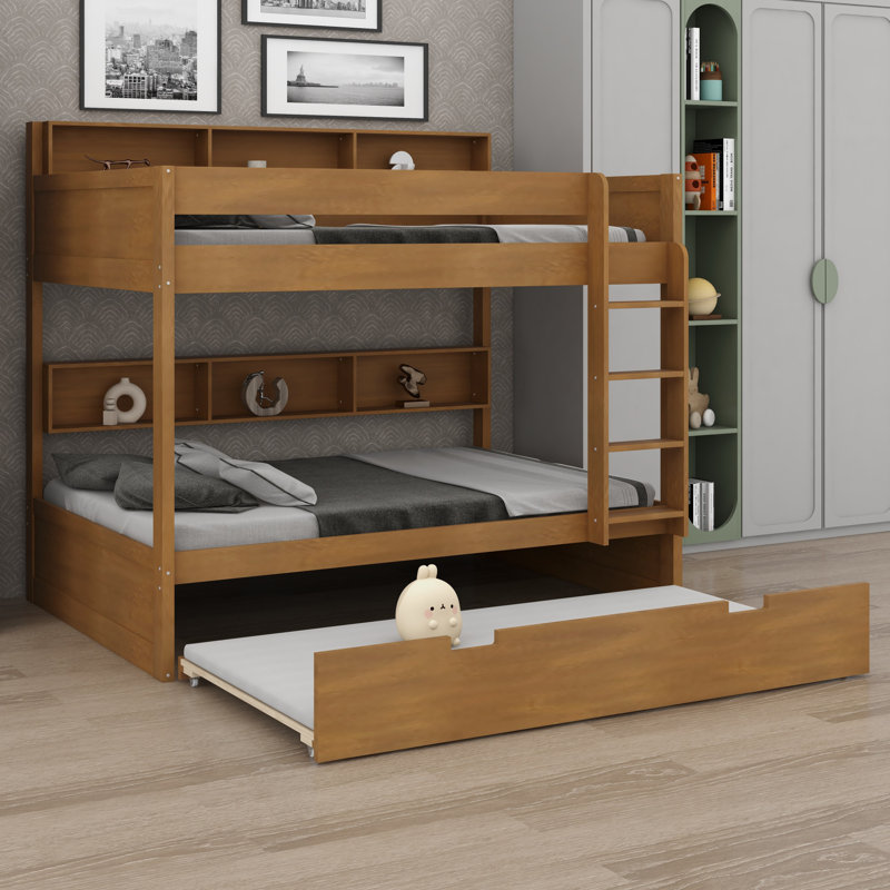 Lit superposé avec lit gigogne caché, parfait pour les chambres d'amis, Simple sur simple, Bois antique
