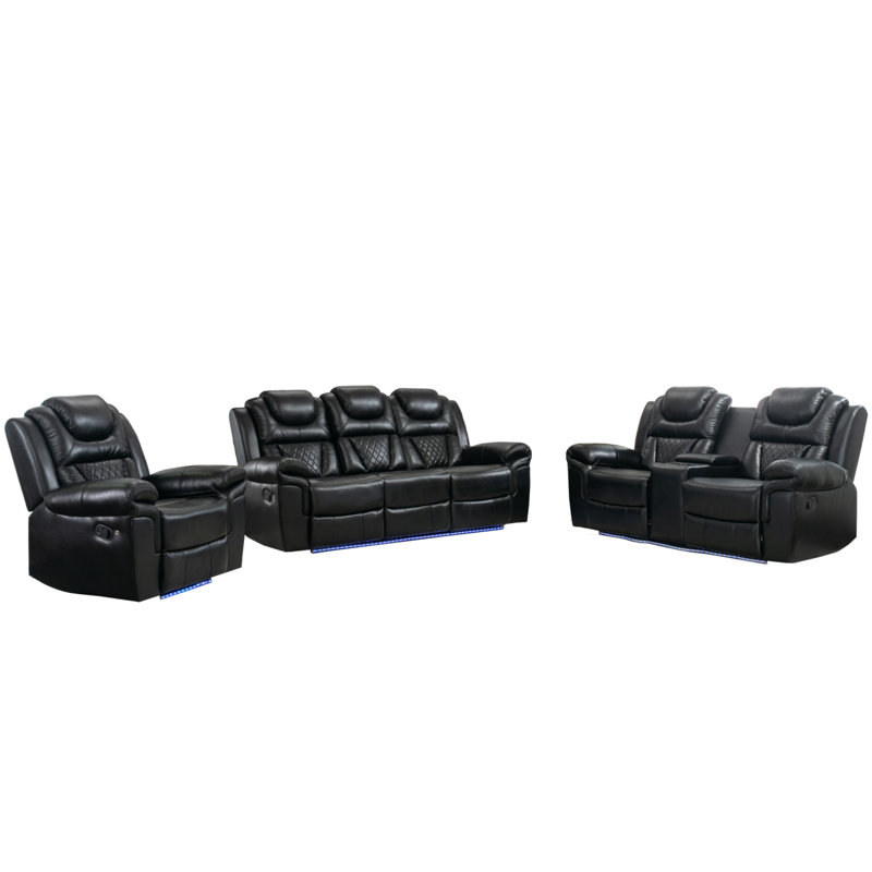 Ensemble de canapés inclinables 3 pièces pour cinéma maison Fauteuil inclinable manuel avec console centrale et bande lumineuse à DEL