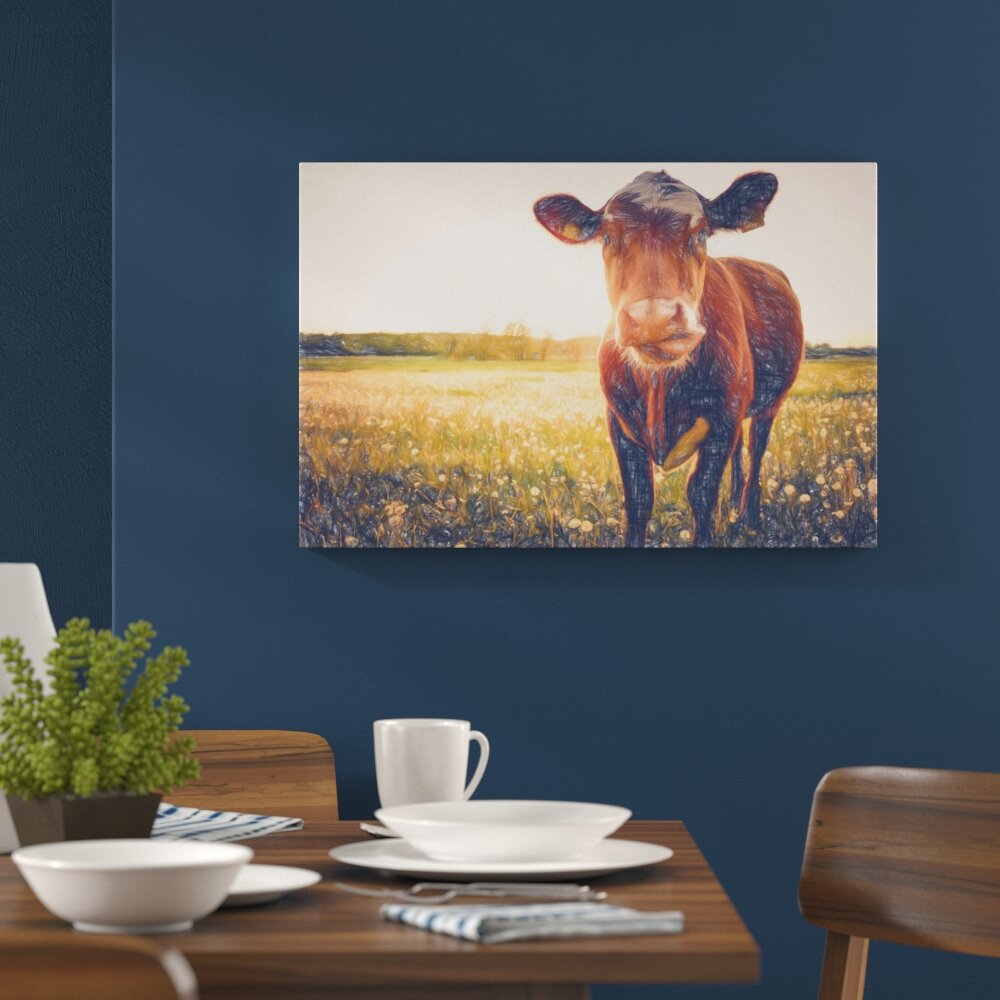 Leinwandbild „Einzelne Kuh auf Butterblumenwiese in der Abendsonne“, Grafikdruck