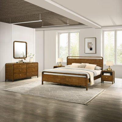 Ensemble de chambre à coucher en bois Ellum, grand lit plateforme avec commode, miroir et deux tables de chevet au fini noyer