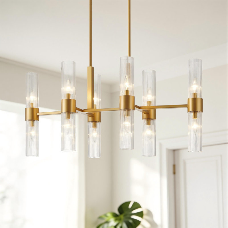 Luminaire suspendu 12 lumières pour îlot de cuisine avec abat-jour en verre nervuré transparent