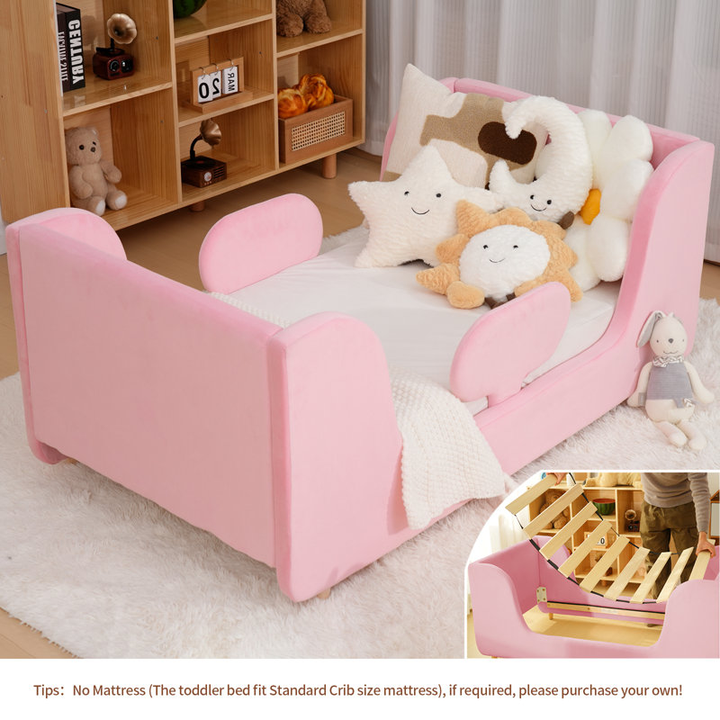 Upholstered Kid Bed With Removeable Side Safety Rail, Skin-Friendly Velvet High-Resilience Foam For Kids, Pink