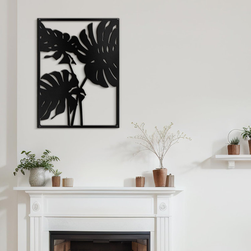 Three Tropical Monsteras Leaf Minimalist Modern Abstract Accent Sculpture, H 18 po x l 13,43 po x P 0,05 po, Noir