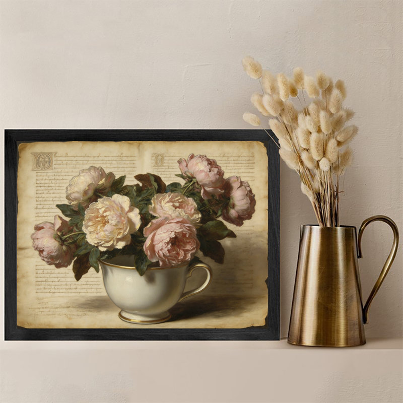 Reproduction d'art encadré noir, pivoines en fleurs, style impressionnisme, H 13 po x l 17 po