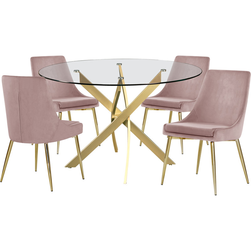 Ensemble de table de salle à manger + 4 chaises Meridian Furniture Juana, Rose, Doré