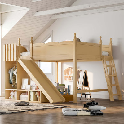 Loft Bed with Storage Shelves and Wardrobe, Solid Wood Construction, Detachable Slide, No Box Spring Needed, Versatile Under-Bed Space(Mattress Not Included)
