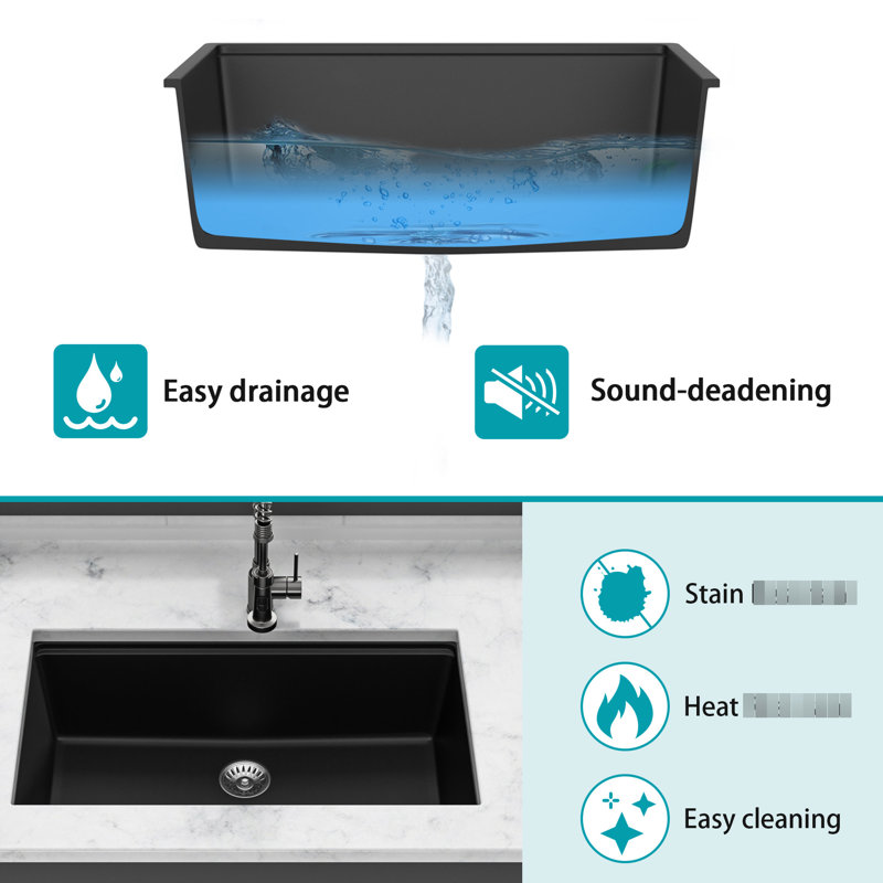 28 - Inch By 19 Black Quartz Workstation Undermount Kitchen Sink High End Material, Smooth Surface, Eliminates Vibration, With Drying Roll Up Rack And Bottom Grid Black, 28" X 19", Composite,