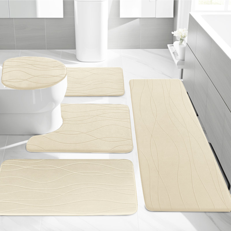 5 Piece Plush Memory Foam Bath Rug Set with Non-Slip Backing and High Absorbency, Cream