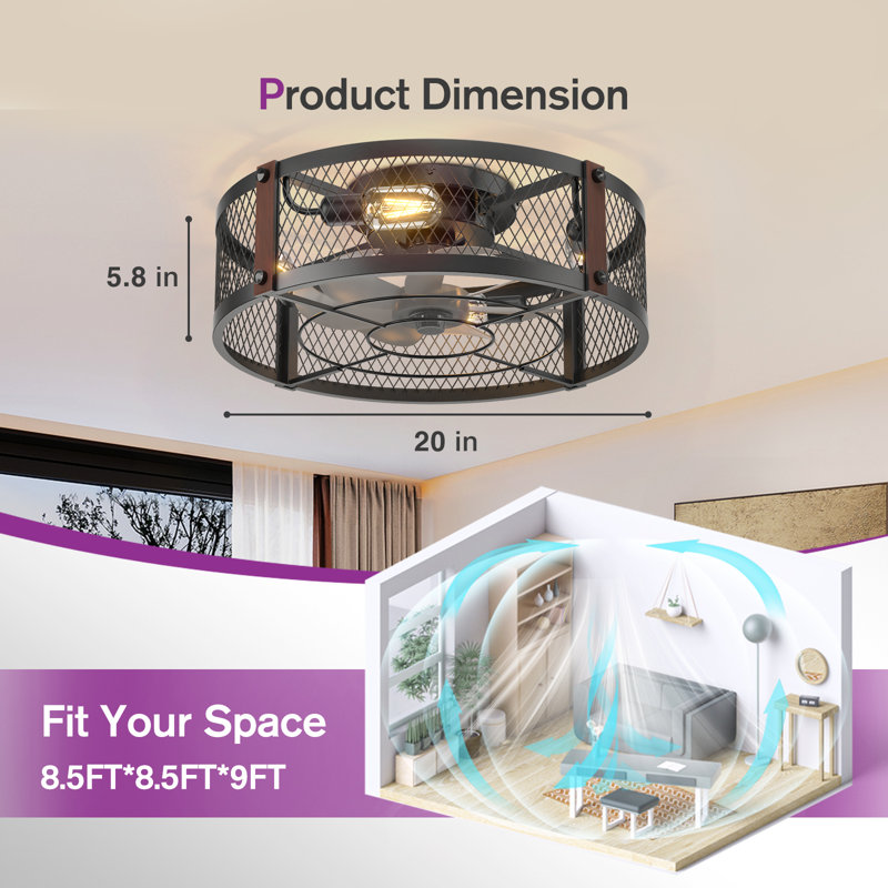 Ventilateur de plafond encastré de 20 po avec lumière, cage noire, moteur à courant continu réversible à 6 vitesses, télécommande, style maison de campagne industrielle
