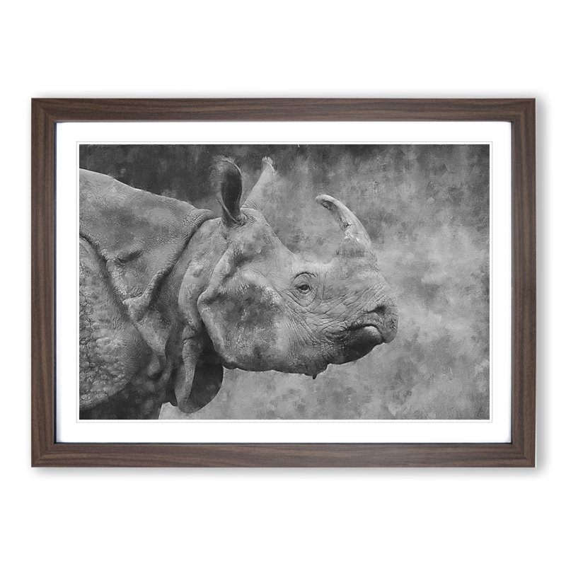 A Rhino - Picture Frame Painting, 27cm H x 36cm W x 2cm D, Walnut Framed
