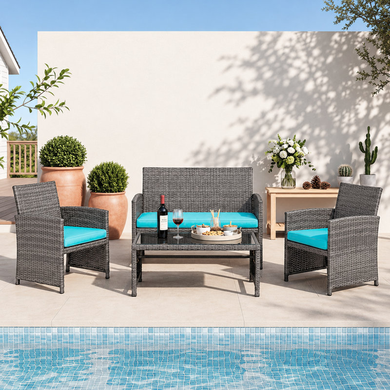 Arquit 4 - Person Outdoor Patio Seating Group with Cushions, Light Blue