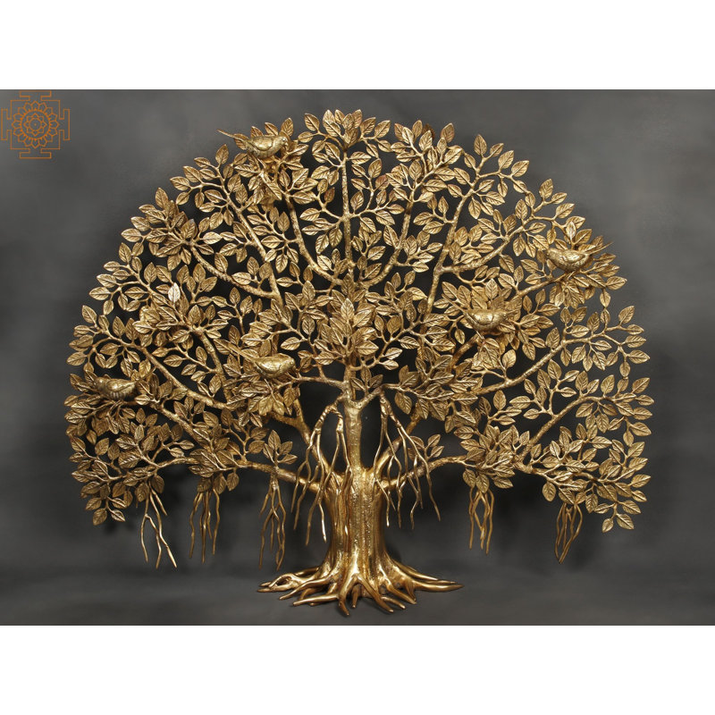27.7" Brass Tree with Perched Birds and Root Stand - Handmade Tree of Life Sculpture for Living Room Tabletop Decor