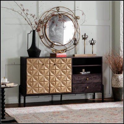 Buffet Mid-Century moderne avec motif géométrique 3D, bois massif et panneau de fibres à densité moyenne, 2 portes + 2 tiroirs, idéal pour le salon et la salle à manger
