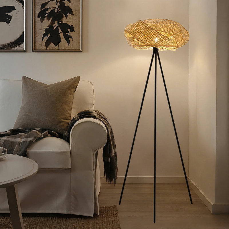Lampe sur pied rustique avec base trépied et interrupteur au pied noir, Naturel