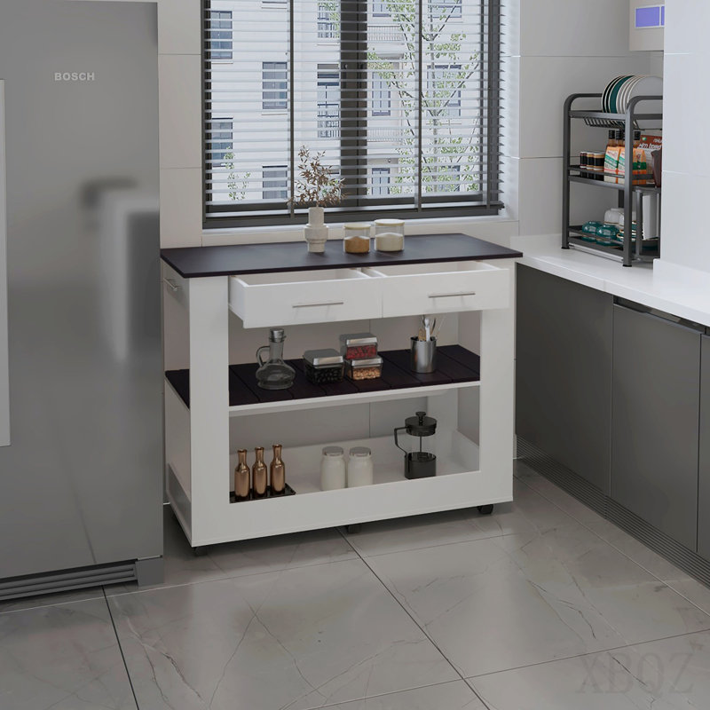 Îlot de cuisine compact avec deux tiroirs, un comptoir ouvert et deux tablettes de rangement en dessous