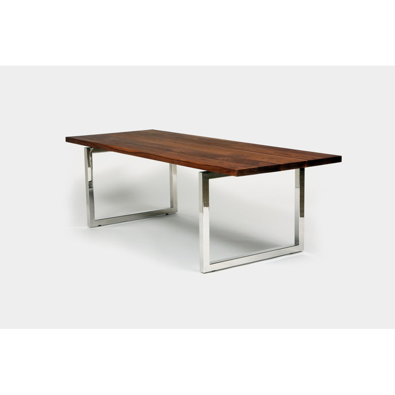 Gax Walnut Solid Wood Top Metal Base Dining Table, 36" W x 84" L, Polished Stainless Steel