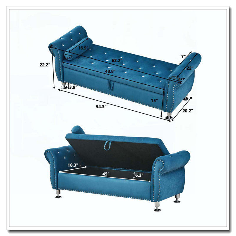 Banc de rangement en velours doux 62,2 pouces, Bleu