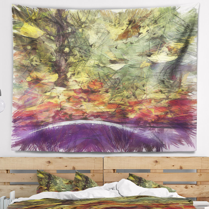 Abstrait, automne, aquarelle, dessin, paysage, tapisserie, H 32 po x l 39 po