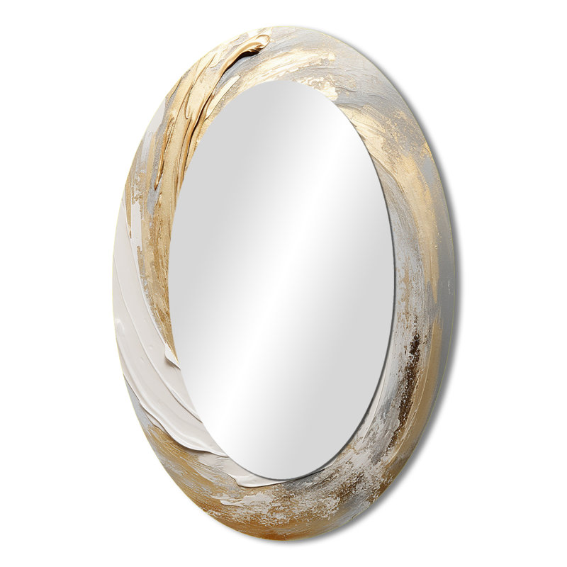 Gold And White Soft Wave Vortex III - Abstract Oval Decorative Mirror On Metal, 36" x 24"