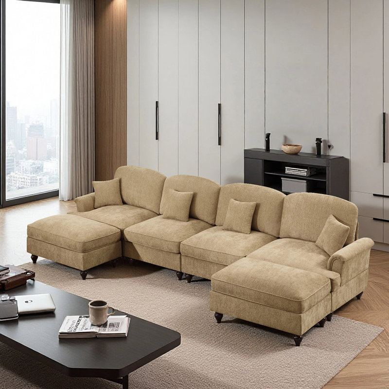 Eyvan Mid Century Three Seater Modular U Shaped Sectional Couch With Removable Ruffles Pleats Skirts, Comfy Chenille 4-Seat Deep Seat Sofa With Movable Ottoman