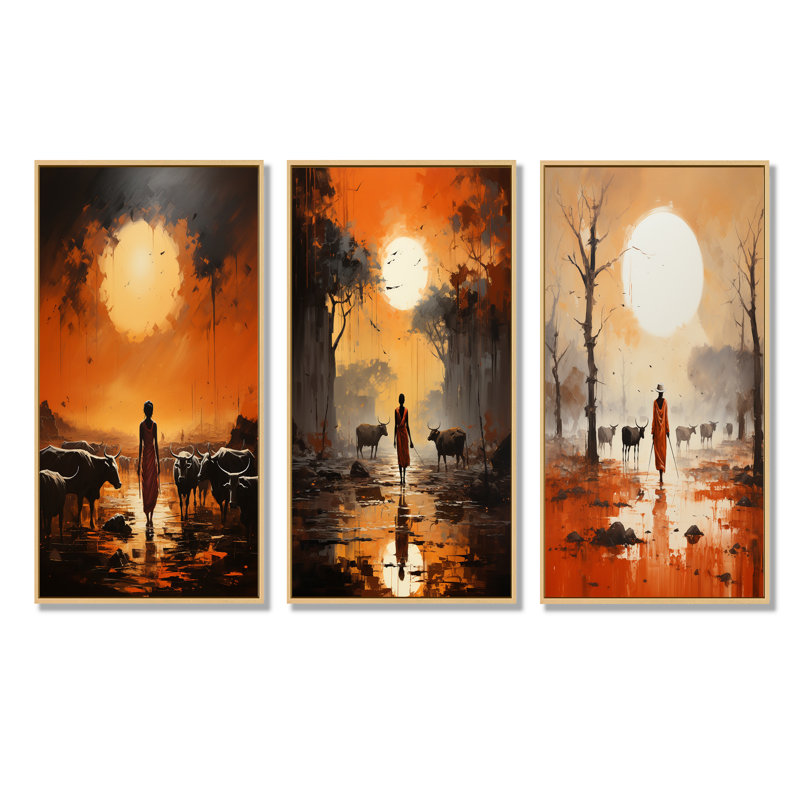 Ensemble de 3 reproductions de toiles tribales d'Afrique Dinka, Cadre flottant brun, H 32 po x l 48 po