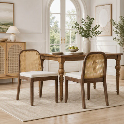 Ensemble de 2 chaises de salle à manger courbées à dossier en canne avec coussin en chenille et structure en bois massif, style campagnard Mid-Century