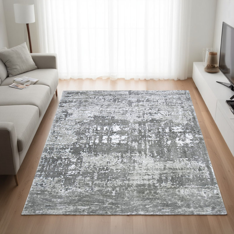 Monty Area Rug, Abstract Pattern, Gray, Ivory Polyester, Cotton Back, Rectangle 8' x 10'