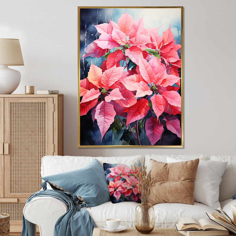 Fleur de poinsettia Clarance - imprimé pointillisme, H 40 po x l 30 po x P 1,5 po, Cadre flottant doré